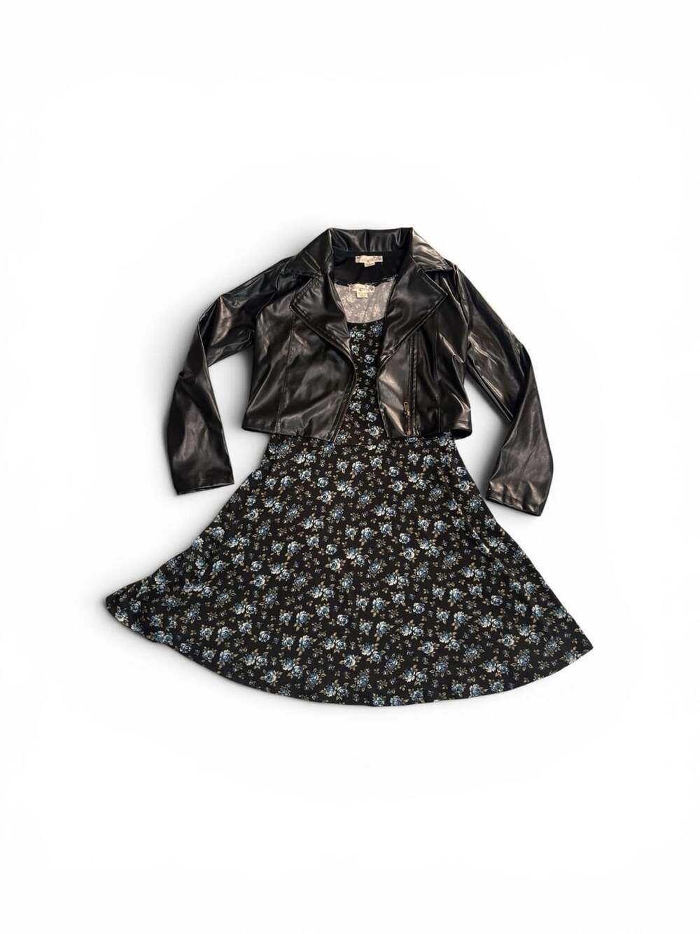 Knitworks Girls 2-Piece Black Floral Sleeveless Dress and Faux Leather Jacket Se